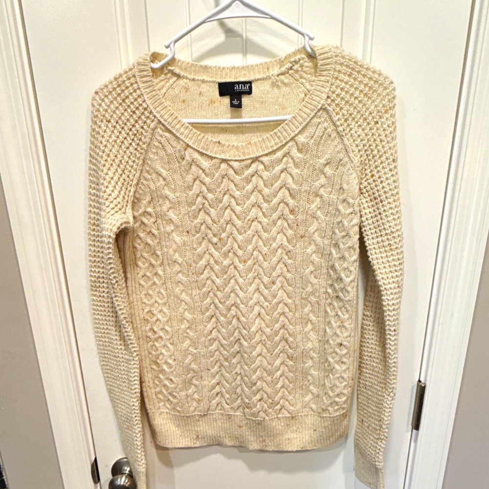 a.n.a Womens Beige Cable Knit Crew Neck Raglan Long Sleeve Pullover Sweater Sz S